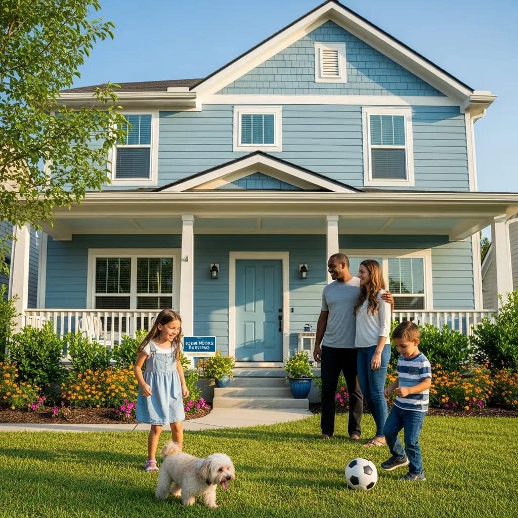 Find Trusted Leesburg Exterior House Painters Today! 2 Family standing in front of their freshly painted home, satisfied with Home Works Painting