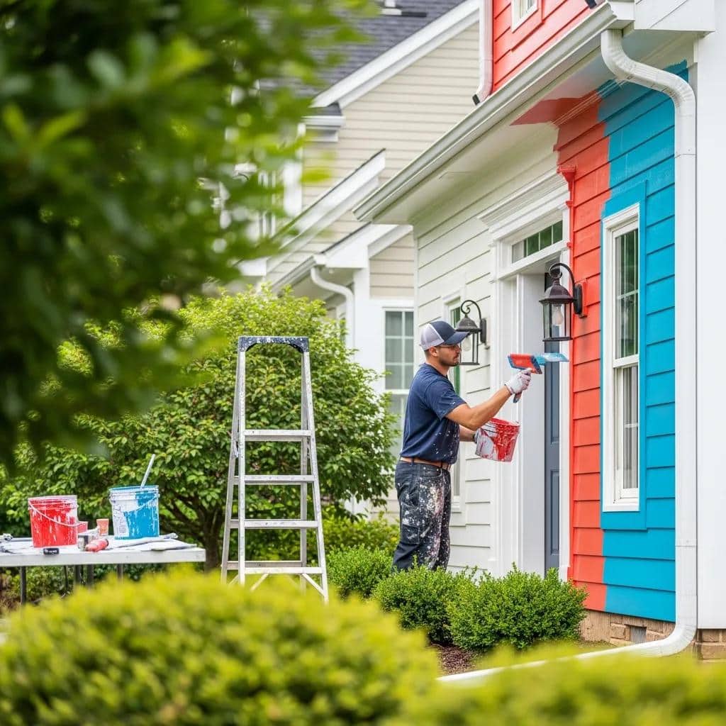 Professional painter applying exterior paint to a residential home in Leesburg, enhancing curb appeal