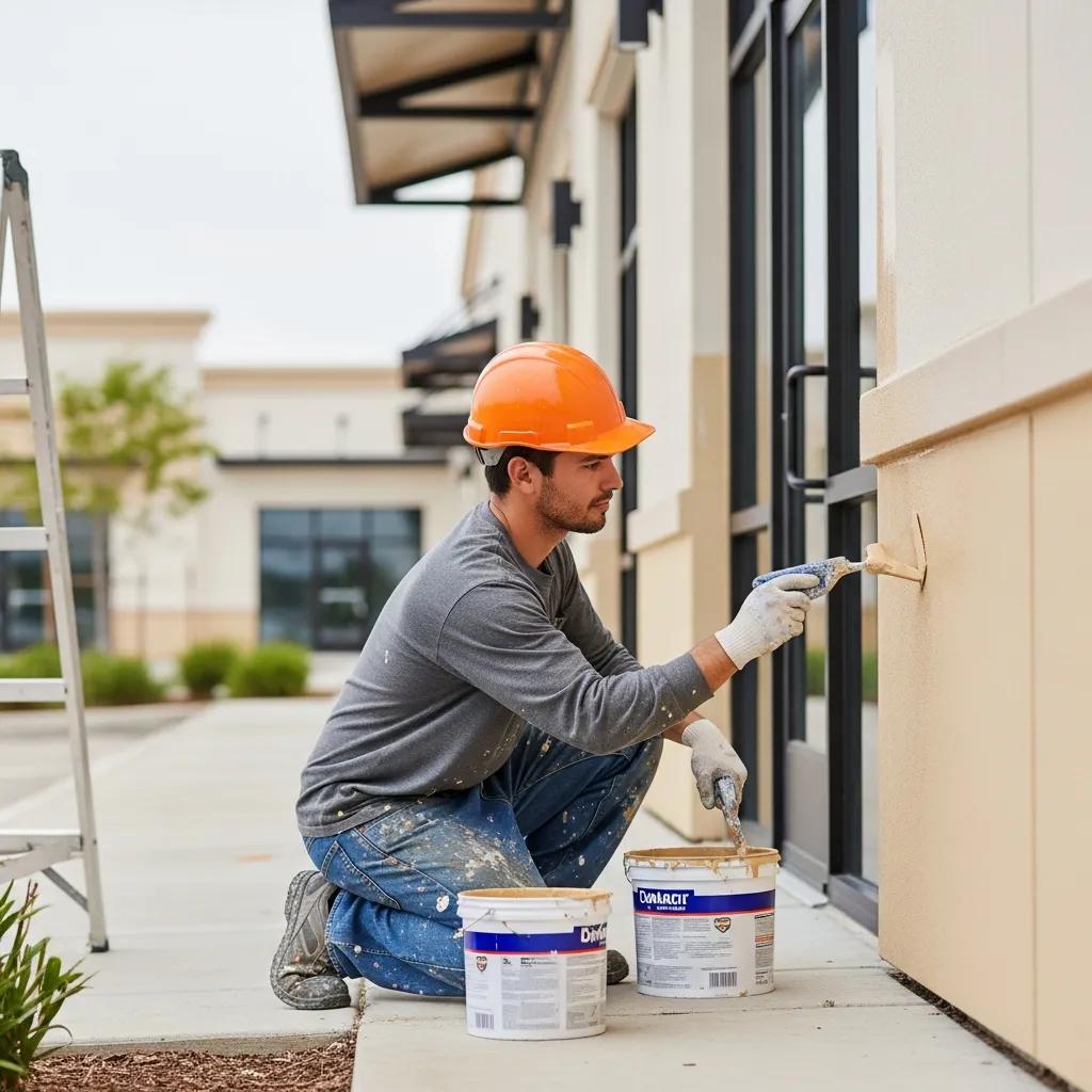 Professional painter applying fresh paint to a commercial building, highlighting quality commercial painting services